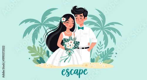 Happy Couple Celebrating Tropical Beach Wedding.