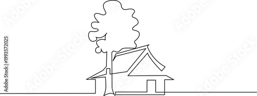 A whimsical illustration of a house partially concealed by a large, leafy tree with smoke rising from the chimney. Vector