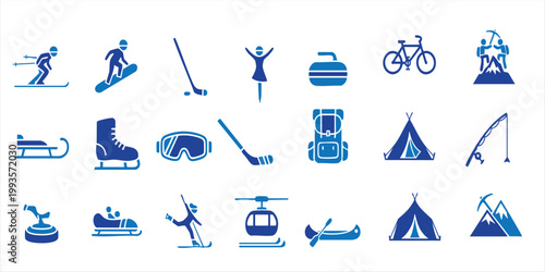Winter sports and outdoor adventure icon set featuring skiing snowboarding camping and hiking gear