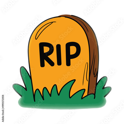 A cartoon illustration depicts an orange tombstone with the inscription rip and green grass