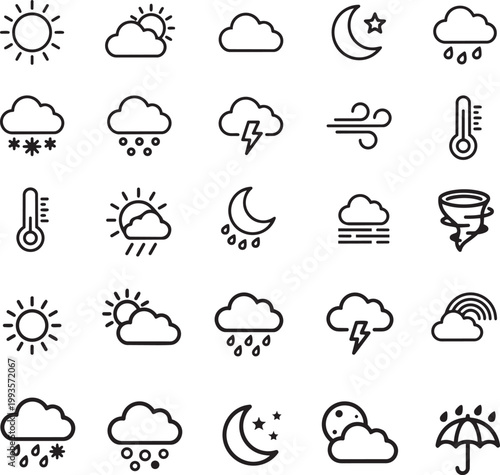 Set of Weather Icons: Sun, Clouds, Rain, Snow, Moon, Thermometer, Storms vector illustration