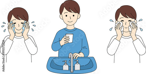 Set of Person Washing Face with Water and Soap for Hygiene, Daily Routine, and Personal Care, Vector Illustration