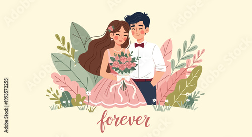 Happy Couple Celebrating Wedding Day with Floral Decorations.