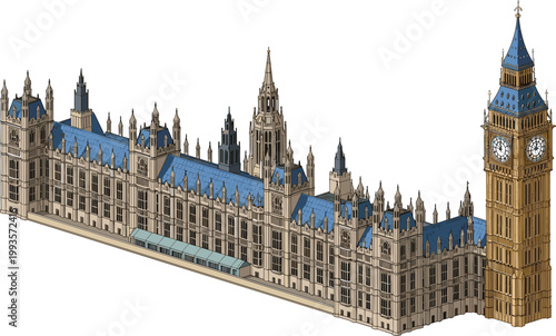 Palace of Westminster and Big Ben London landmark detailed architecture illustration British Parliament historic building travel tourism vector illustration