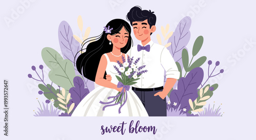 Happy Couple Embracing on Wedding Day with Floral Background.