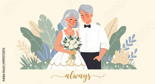 Happy elderly couple celebrating wedding anniversary with flowers.