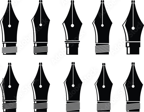 Black and white illustration set of ten fountain pen nibs with varied designs, engraving style writing instruments artwork collection