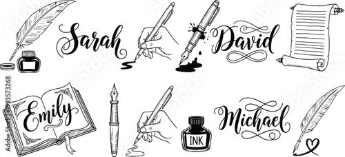 Black and white illustration set of hands with pens, quills, ink bottles, scrolls, books, and elegant cursive typography names
