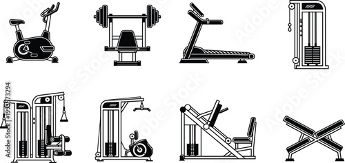 Black and white vector icons of gym equipment including treadmill, exercise bike, bench press, cable machine, and strength training designs