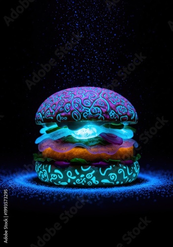 Glowing Bioluminescent Burger With Intricate Neon Patterns On Purple Bun Floating In Shimmering Deep Sea
