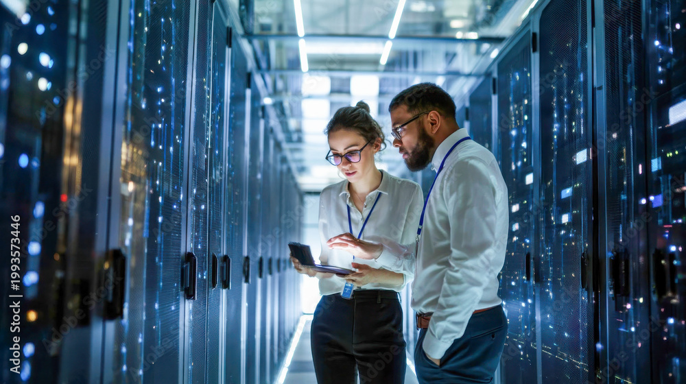 © Aliaksandra - Two IT engineers reviewing server infrastructure on a tablet in a modern data center corridor