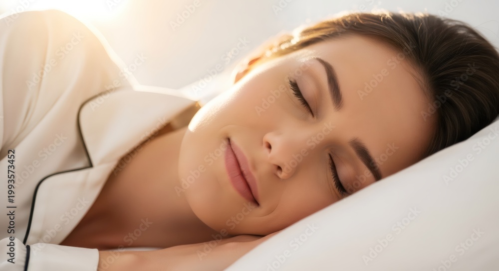 Obraz premium Young woman sleeping peacefully in soft white bed. Relaxed girl resting in bedroom with morning sunlight. Healthy sleep habit, dream, calm morning atmosphere and lifestyle concept.