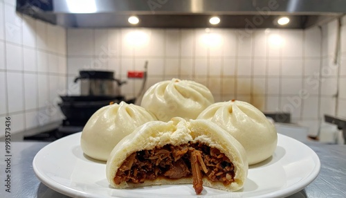 Fluffy Steamed Char Siu Bao with Savory Roasted Pork Filling on a White Plate, Kitchen Background.