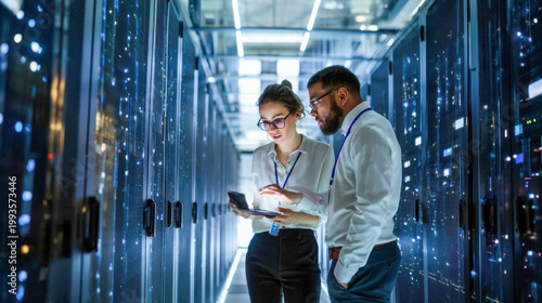 Two IT engineers reviewing server infrastructure on a tablet in a modern data center corridor