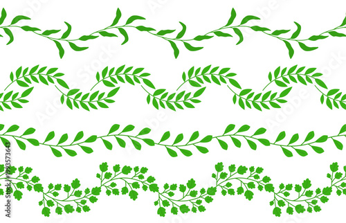 Vines with green leaves create a repeating border design.  Seamless horisontal pattern. Vector illustration