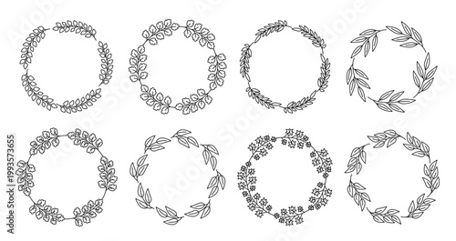 Assorted leaf and sprig wreaths are arranged in circular frames. Vector illustration. Round frames.