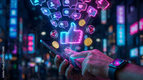 Hand holding smartphone with floating neon social media icons and digital marketing growth