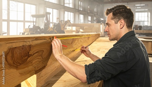 Skilled carpenter meticulously measuring and marking a large oak beam for precise woodworking cuts in a sunlit workshop
