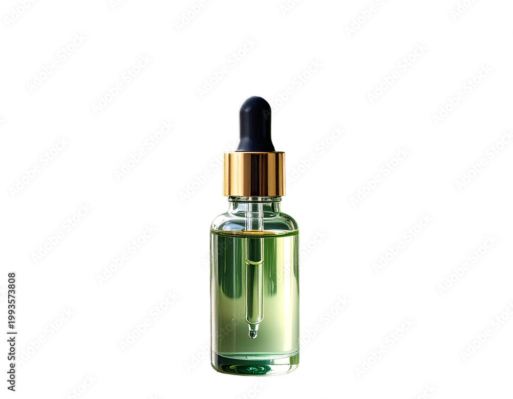 Naklejka premium Clear glass dropper bottle with golden cap and green liquid