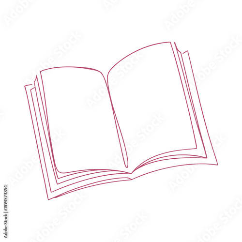 A minimalist line drawing depicts an open book with visible pages and a red outline