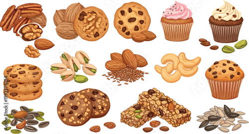 Delicious bakery snacks and nuts vector set with cookies cupcakes almonds pistachios seeds granola bars sweet dessert collection isolated