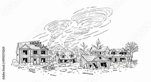 Destroyed houses under a stormy sky with multiple tornadoes