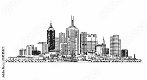 Black and white sketch of a dense city skyline with varying heights of buildings