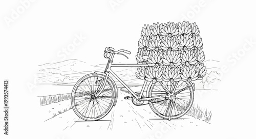 Bicycle laden with bananas journeys through a rural, mountainous landscape