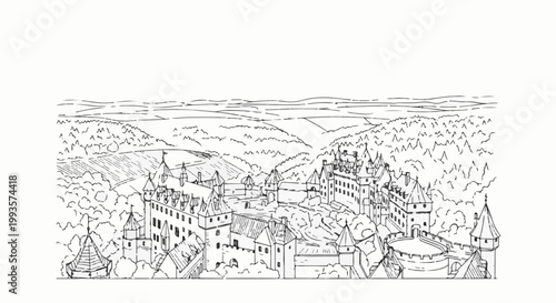 Black and white sketch of a medieval town nestled in rolling hills and forests