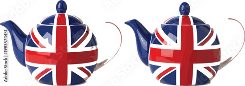 Union Jack teapot illustration British tea culture symbol with UK flag design traditional England teapot vector set
