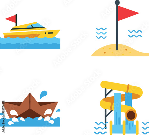 Water sports and beach activity illustration set with speed boat, beach flag, water slide and paper boat vector summer recreation icons