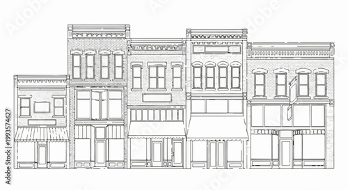 A stylized line drawing of a row of vintage storefronts with brick textures
