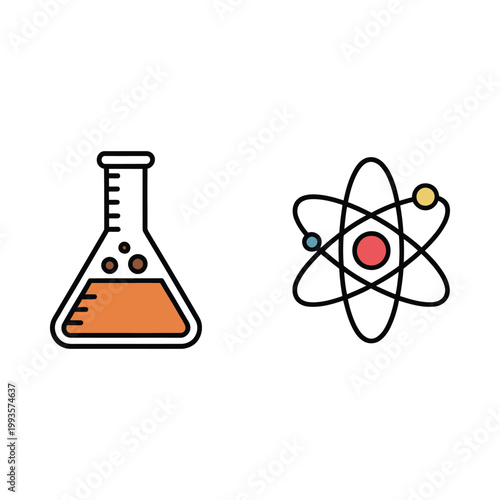 A colorful illustration depicting a laboratory flask and an atomic model symbolizing chemistry
