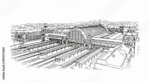 A detailed sketch of a grand train station with arched glass roof and many platforms