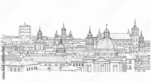 A hand-drawn black and white city skyline with domes, towers, and buildings
