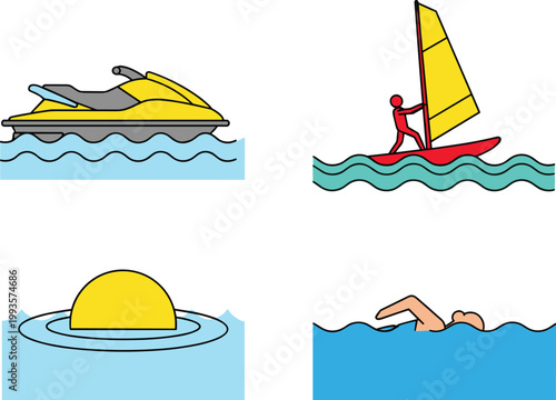 Water sports illustration set with jet ski, windsurfing, swimming and sunset ocean scene vector summer aquatic activity icons