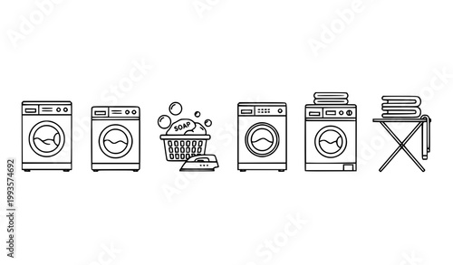 Minimal laundry line icons vector collection with washing machine detergent and clothing care symbols isolated on white background