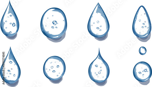 Water drop illustration set with realistic liquid droplets, bubble filled drops and glossy water splash elements vector collection for design