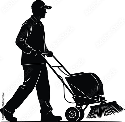 Silhouette illustration of worker pushing manual floor sweeper machine with cap and uniform, cleaning equipment design in black vector style