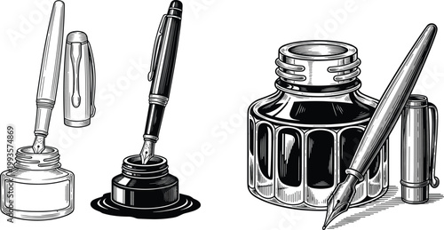 Vintage engraving style illustration of fountain pens and ink bottles with caps, detailed black and white artistic drawing design