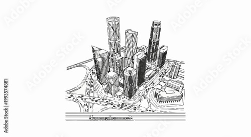 Stylized sketch of a dense urban cityscape with high-rise buildings and highway traffic