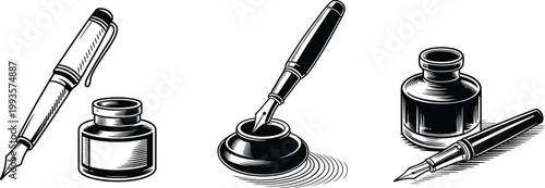 Vintage fountain pen and ink bottle black and white engraving style illustration set, classic writing instruments artistic design