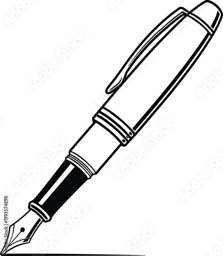 Black silhouette vector illustration of elegant fountain pen with nib and ink line, classic writing instrument minimalist artistic design