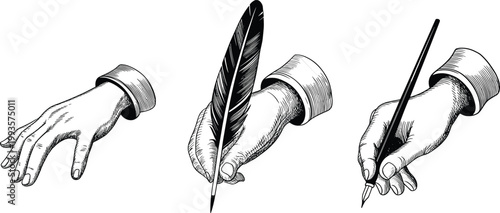 Detailed black and white illustration of hands holding quill pen, modern pen, and open palm gesture in vintage engraving style