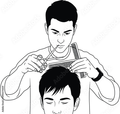 Barber cutting customer hair with scissors and comb, professional haircut salon service outline illustration, grooming concept vector