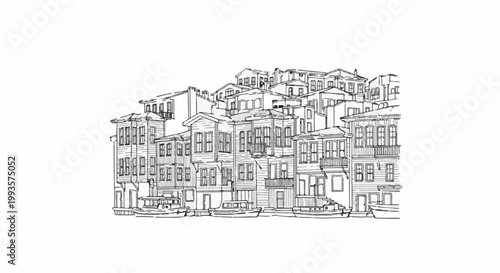 Sketch of layered historical buildings with boats docked along the waterfront