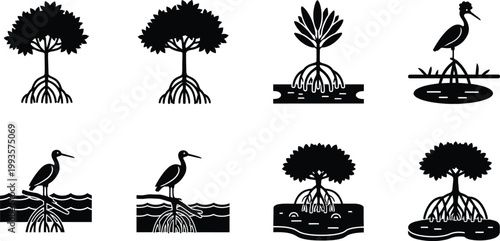 Black and white illustration of mangrove trees birds and wetland ecosystems showcasing natural elements