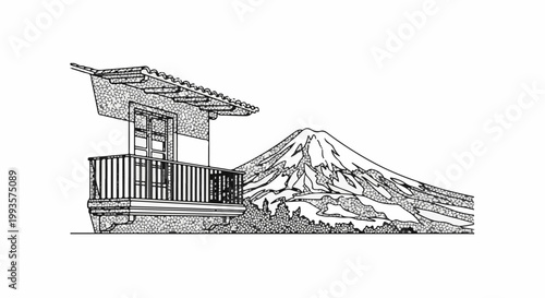 Rustic structure with balcony overlooks a majestic, snow-capped mountain and foliage