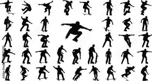 Skateboarder silhouettes perform various dynamic.