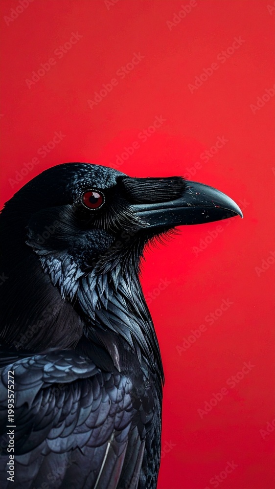 Fototapeta premium Mystical Portrait of a Black Raven with a Glowing Red Eye on a Solid Crimson Background